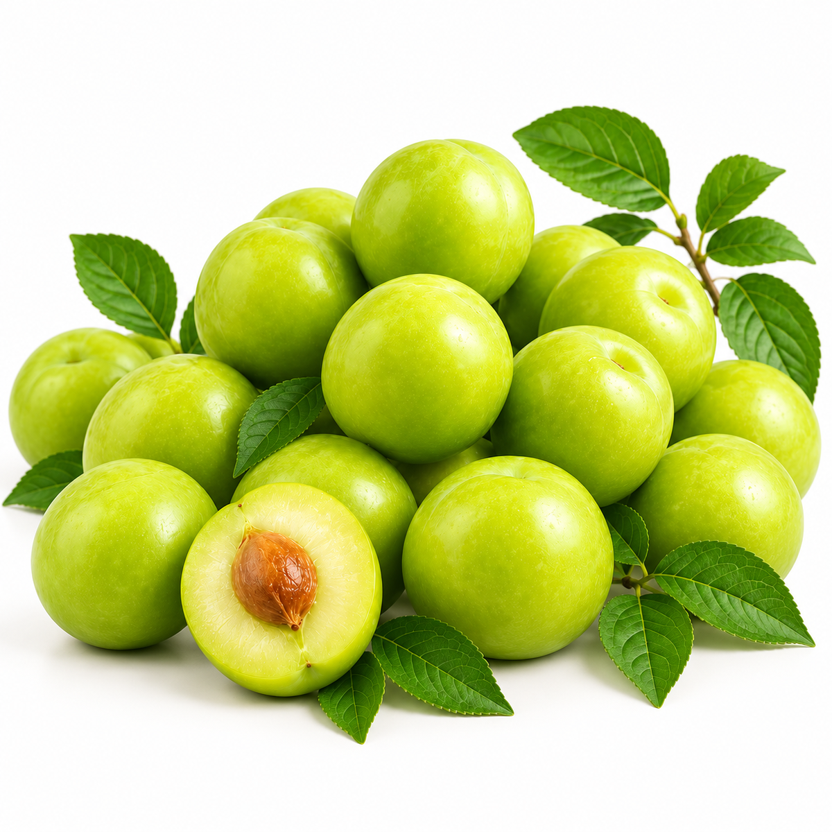 Green plums with leaves and a halved plum on a clean white background